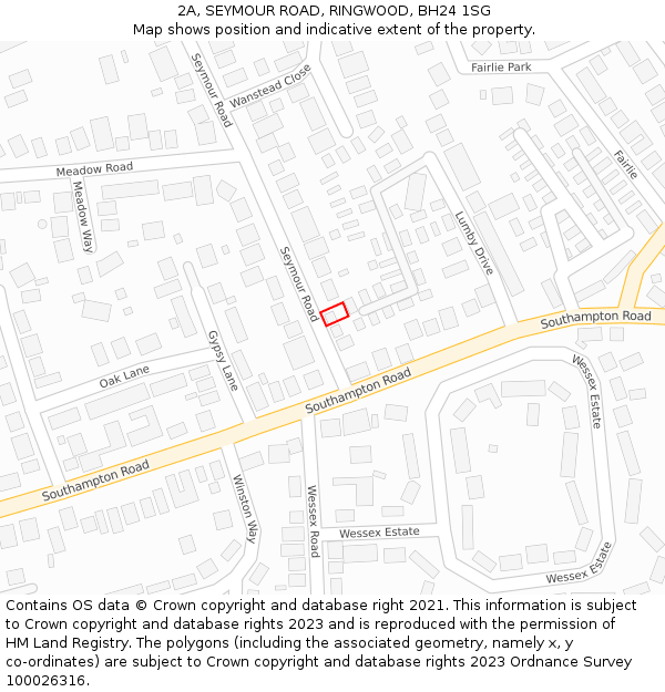 2A, SEYMOUR ROAD, RINGWOOD, BH24 1SG: Location map and indicative extent of plot