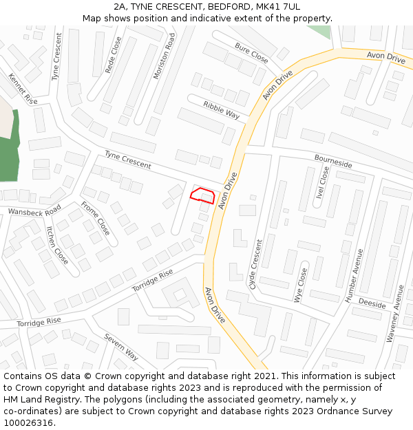 2A, TYNE CRESCENT, BEDFORD, MK41 7UL: Location map and indicative extent of plot