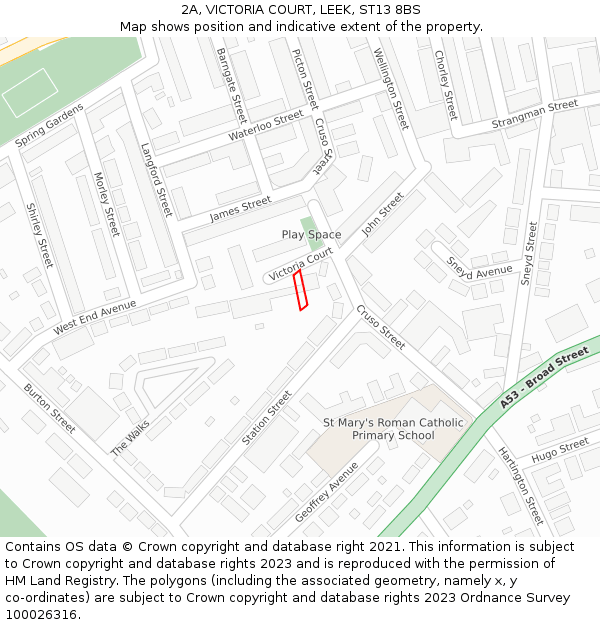 2A, VICTORIA COURT, LEEK, ST13 8BS: Location map and indicative extent of plot