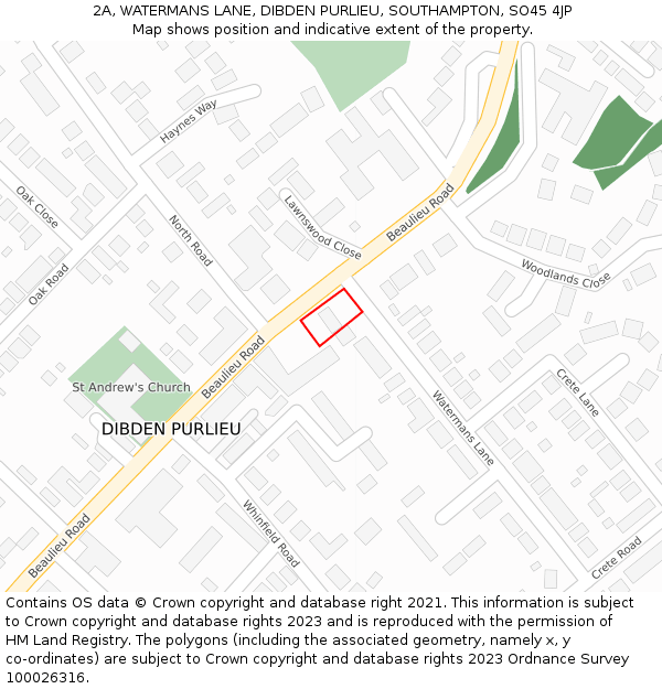 2A, WATERMANS LANE, DIBDEN PURLIEU, SOUTHAMPTON, SO45 4JP: Location map and indicative extent of plot