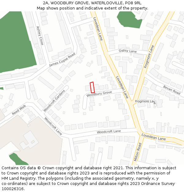 2A, WOODBURY GROVE, WATERLOOVILLE, PO8 9RL: Location map and indicative extent of plot
