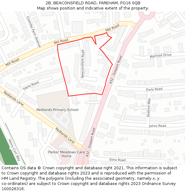2B, BEACONSFIELD ROAD, FAREHAM, PO16 0QB: Location map and indicative extent of plot