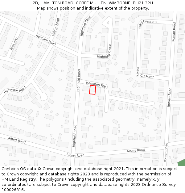 2B, HAMILTON ROAD, CORFE MULLEN, WIMBORNE, BH21 3PH: Location map and indicative extent of plot