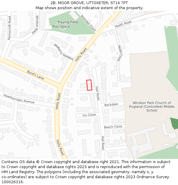 2B, MOOR GROVE, UTTOXETER, ST14 7PT: Location map and indicative extent of plot