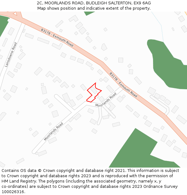 2C, MOORLANDS ROAD, BUDLEIGH SALTERTON, EX9 6AG: Location map and indicative extent of plot