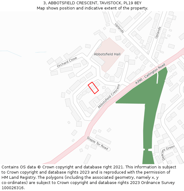 3, ABBOTSFIELD CRESCENT, TAVISTOCK, PL19 8EY: Location map and indicative extent of plot