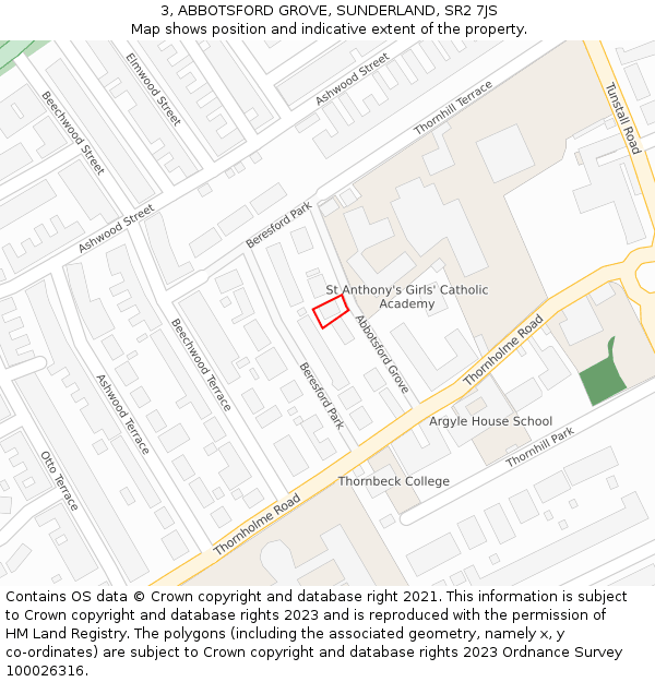 3, ABBOTSFORD GROVE, SUNDERLAND, SR2 7JS: Location map and indicative extent of plot