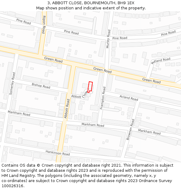 3, ABBOTT CLOSE, BOURNEMOUTH, BH9 1EX: Location map and indicative extent of plot