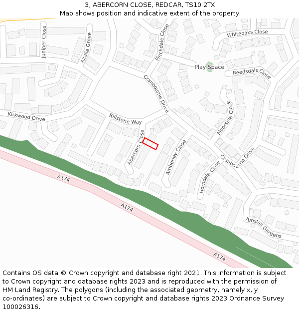 3, ABERCORN CLOSE, REDCAR, TS10 2TX: Location map and indicative extent of plot