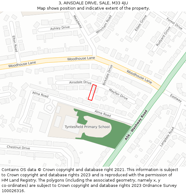 3, AINSDALE DRIVE, SALE, M33 4JU: Location map and indicative extent of plot