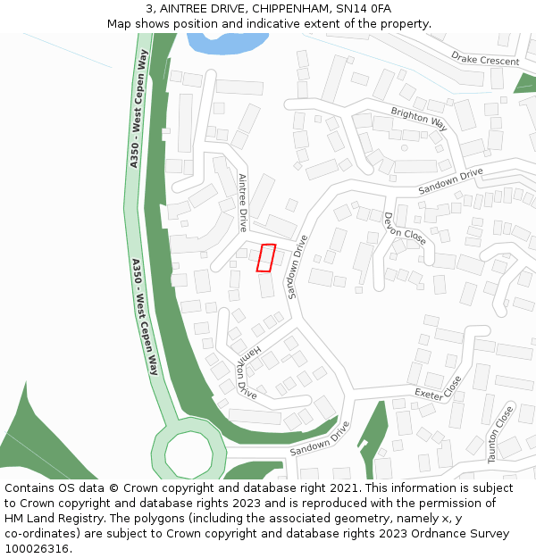 3, AINTREE DRIVE, CHIPPENHAM, SN14 0FA: Location map and indicative extent of plot