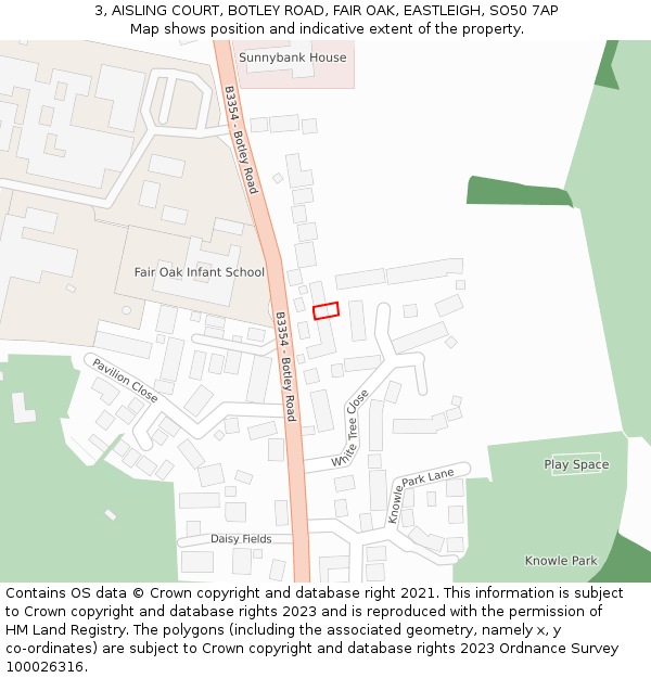 3, AISLING COURT, BOTLEY ROAD, FAIR OAK, EASTLEIGH, SO50 7AP: Location map and indicative extent of plot