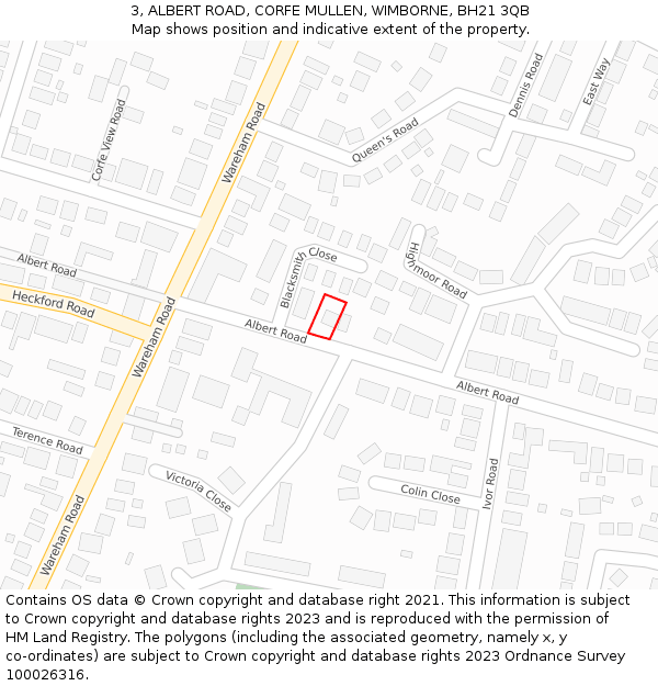 3, ALBERT ROAD, CORFE MULLEN, WIMBORNE, BH21 3QB: Location map and indicative extent of plot