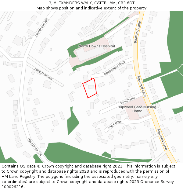 3, ALEXANDERS WALK, CATERHAM, CR3 6DT: Location map and indicative extent of plot