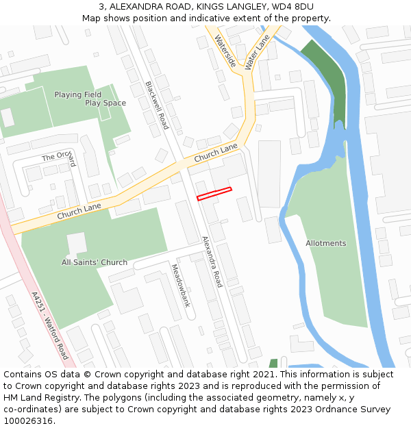 3, ALEXANDRA ROAD, KINGS LANGLEY, WD4 8DU: Location map and indicative extent of plot