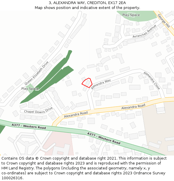 3, ALEXANDRA WAY, CREDITON, EX17 2EA: Location map and indicative extent of plot