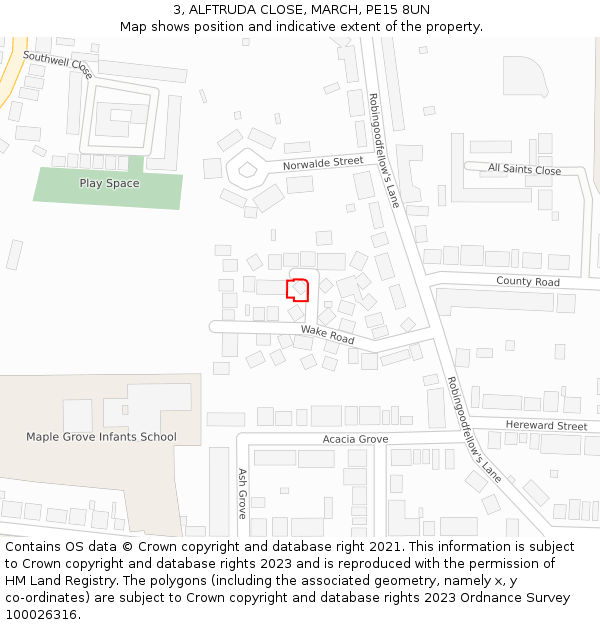 3, ALFTRUDA CLOSE, MARCH, PE15 8UN: Location map and indicative extent of plot