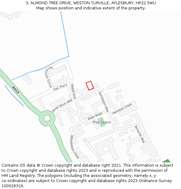 3, ALMOND TREE DRIVE, WESTON TURVILLE, AYLESBURY, HP22 5WU: Location map and indicative extent of plot