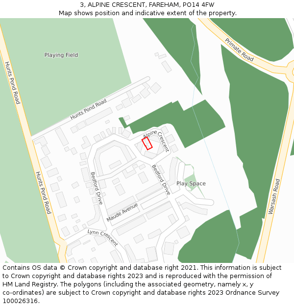 3, ALPINE CRESCENT, FAREHAM, PO14 4FW: Location map and indicative extent of plot