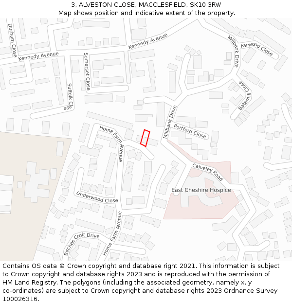 3, ALVESTON CLOSE, MACCLESFIELD, SK10 3RW: Location map and indicative extent of plot