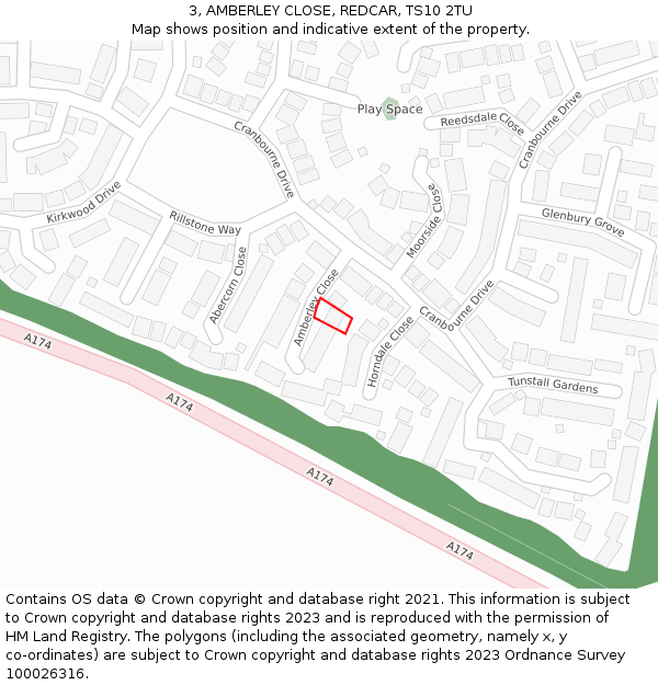 3, AMBERLEY CLOSE, REDCAR, TS10 2TU: Location map and indicative extent of plot