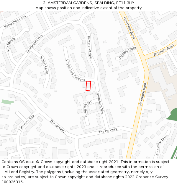 3, AMSTERDAM GARDENS, SPALDING, PE11 3HY: Location map and indicative extent of plot