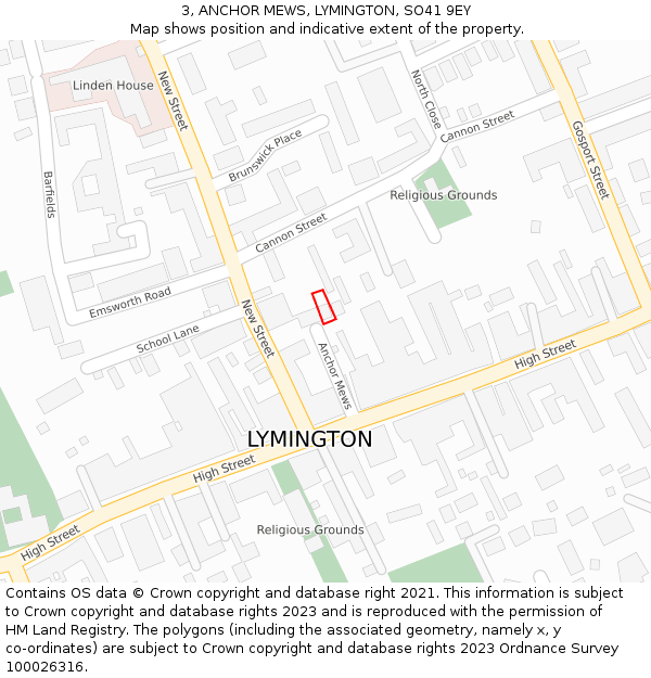 3, ANCHOR MEWS, LYMINGTON, SO41 9EY: Location map and indicative extent of plot