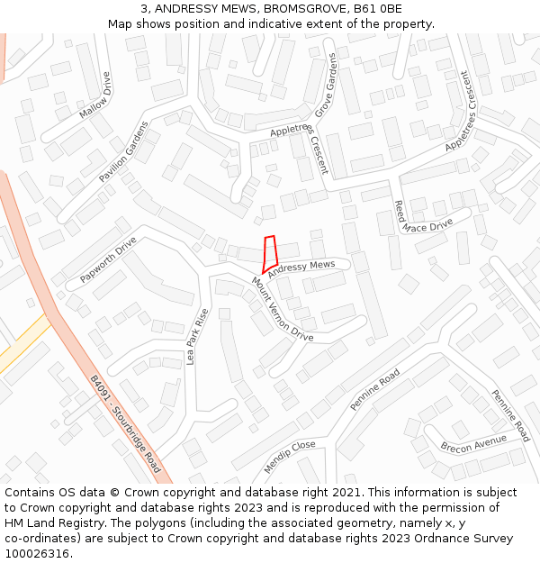 3, ANDRESSY MEWS, BROMSGROVE, B61 0BE: Location map and indicative extent of plot