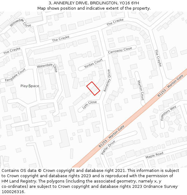 3, ANNERLEY DRIVE, BRIDLINGTON, YO16 6YH: Location map and indicative extent of plot