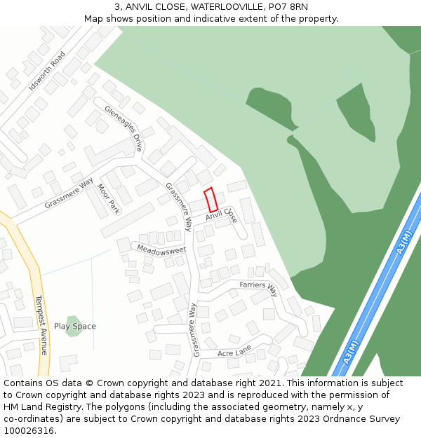 3, ANVIL CLOSE, WATERLOOVILLE, PO7 8RN: Location map and indicative extent of plot
