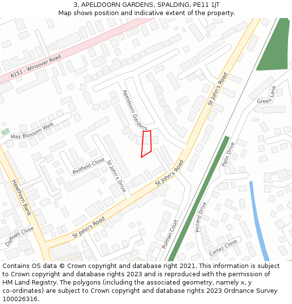 3, APELDOORN GARDENS, SPALDING, PE11 1JT: Location map and indicative extent of plot