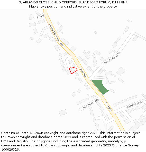 3, APLANDS CLOSE, CHILD OKEFORD, BLANDFORD FORUM, DT11 8HR: Location map and indicative extent of plot