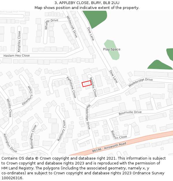 3, APPLEBY CLOSE, BURY, BL8 2UU: Location map and indicative extent of plot