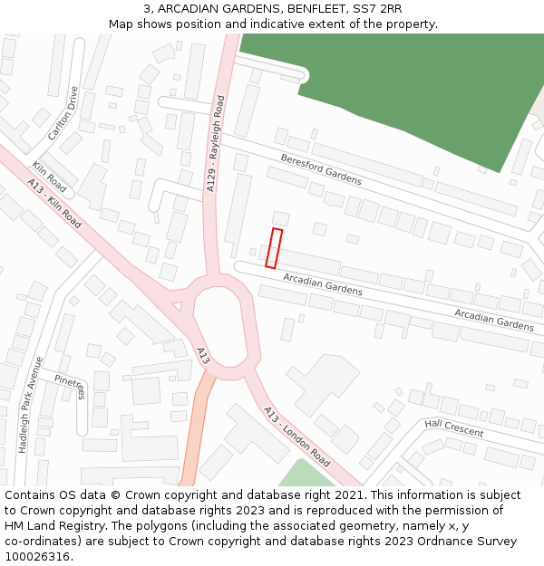 3, ARCADIAN GARDENS, BENFLEET, SS7 2RR: Location map and indicative extent of plot