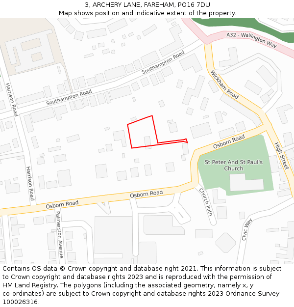3, ARCHERY LANE, FAREHAM, PO16 7DU: Location map and indicative extent of plot