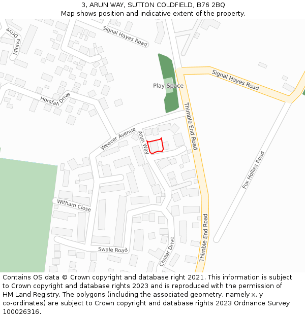3, ARUN WAY, SUTTON COLDFIELD, B76 2BQ: Location map and indicative extent of plot