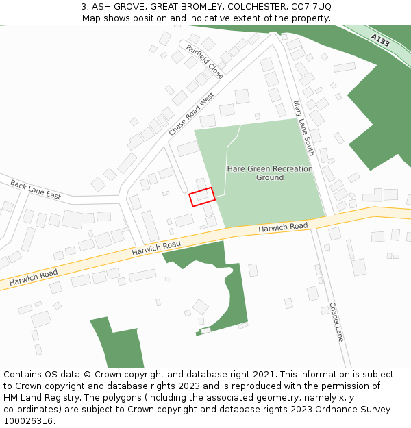 3, ASH GROVE, GREAT BROMLEY, COLCHESTER, CO7 7UQ: Location map and indicative extent of plot