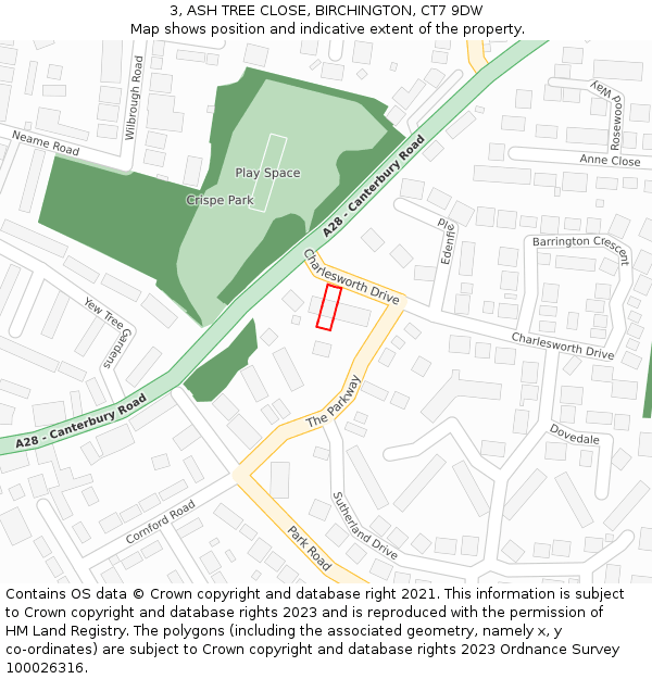 3, ASH TREE CLOSE, BIRCHINGTON, CT7 9DW: Location map and indicative extent of plot