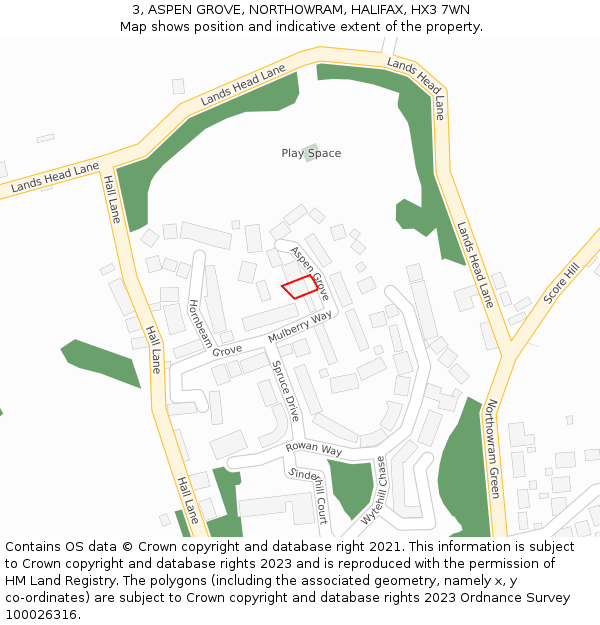 3, ASPEN GROVE, NORTHOWRAM, HALIFAX, HX3 7WN: Location map and indicative extent of plot