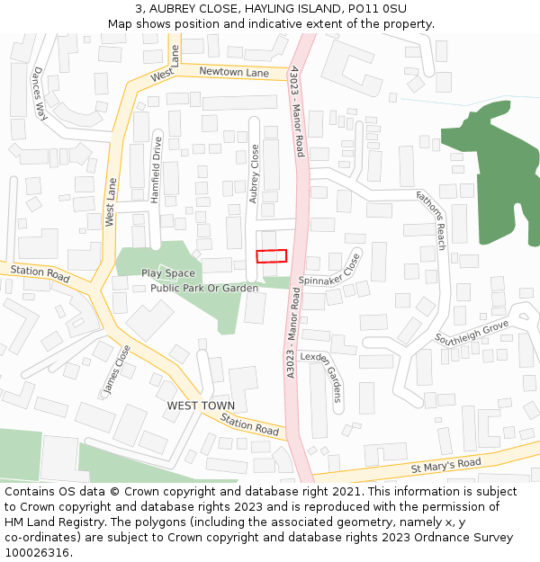 3, AUBREY CLOSE, HAYLING ISLAND, PO11 0SU: Location map and indicative extent of plot