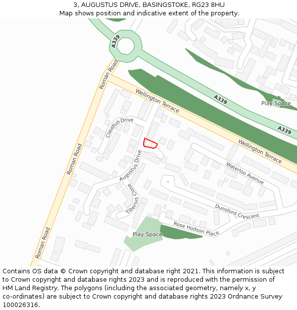 3, AUGUSTUS DRIVE, BASINGSTOKE, RG23 8HU: Location map and indicative extent of plot