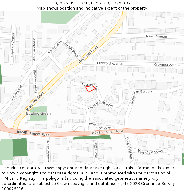 3, AUSTIN CLOSE, LEYLAND, PR25 3FG: Location map and indicative extent of plot