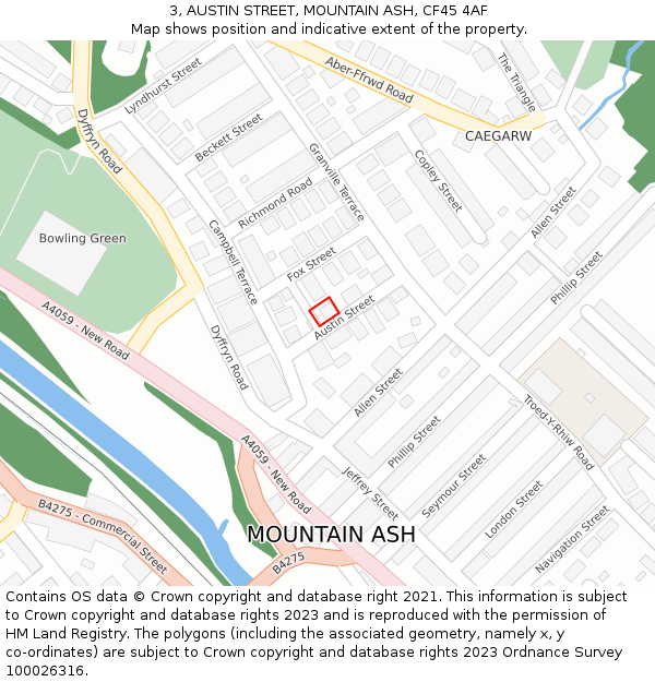 3, AUSTIN STREET, MOUNTAIN ASH, CF45 4AF: Location map and indicative extent of plot