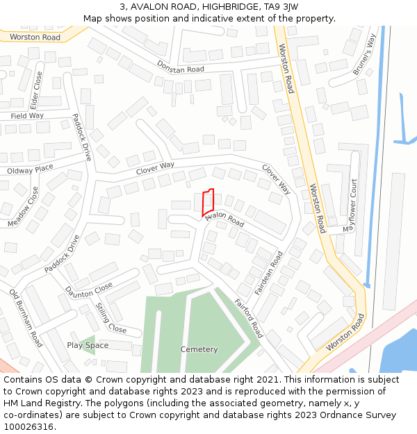 3, AVALON ROAD, HIGHBRIDGE, TA9 3JW: Location map and indicative extent of plot