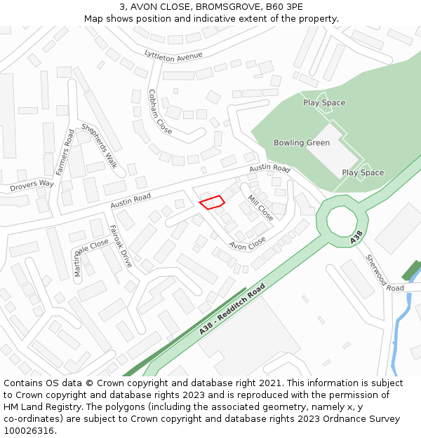 3, AVON CLOSE, BROMSGROVE, B60 3PE: Location map and indicative extent of plot