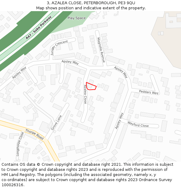 3, AZALEA CLOSE, PETERBOROUGH, PE3 9QU: Location map and indicative extent of plot