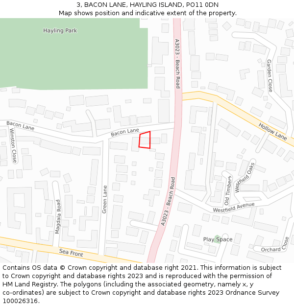 3, BACON LANE, HAYLING ISLAND, PO11 0DN: Location map and indicative extent of plot