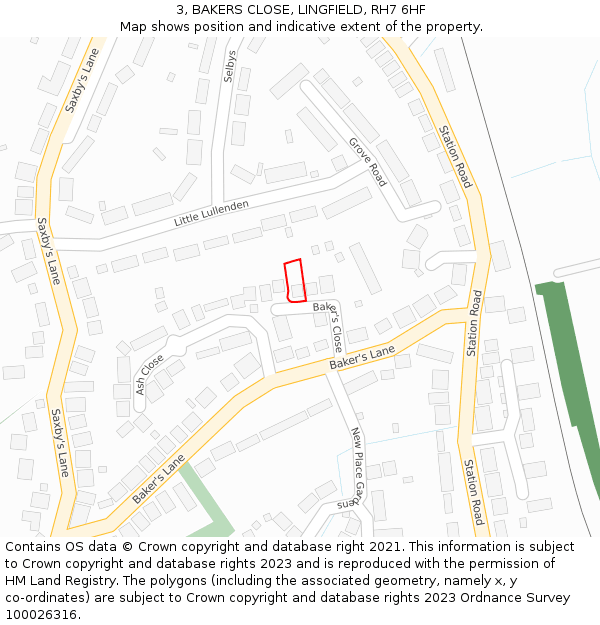 3, BAKERS CLOSE, LINGFIELD, RH7 6HF: Location map and indicative extent of plot