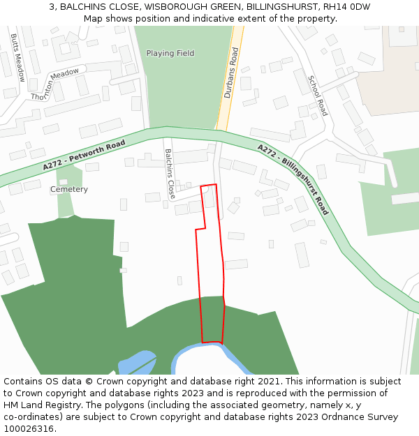 3, BALCHINS CLOSE, WISBOROUGH GREEN, BILLINGSHURST, RH14 0DW: Location map and indicative extent of plot