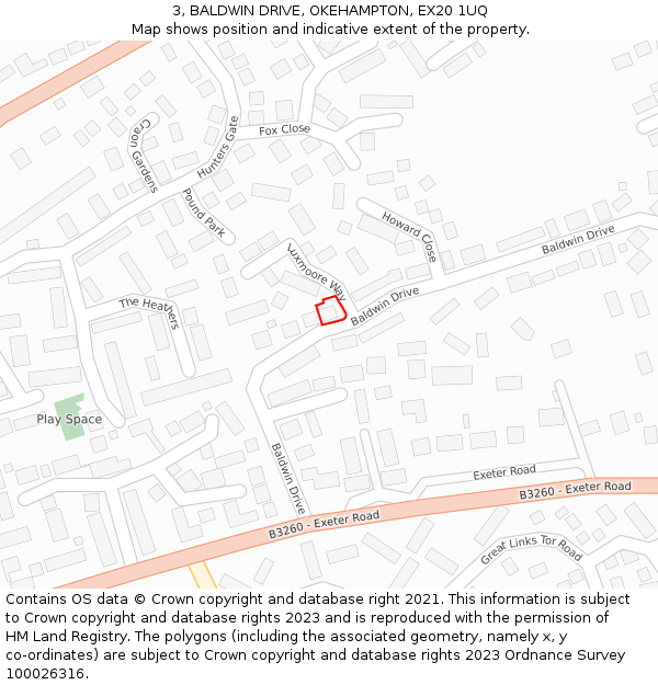 3, BALDWIN DRIVE, OKEHAMPTON, EX20 1UQ: Location map and indicative extent of plot